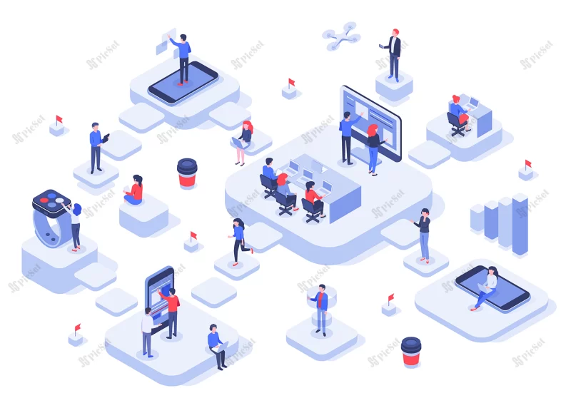 isometric work team cloud workplaces platforms modern teams workflow process development company startup illustration / تیم کاری ایزومتریک محیط های کار ابری، پلت فرم های تیم های مدرن روند کار، توسعه شرکت