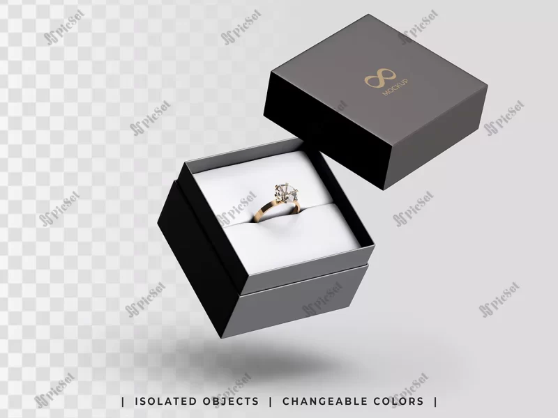 jewelry gift box mockup with golden ring floating isolated / موکاپ جعبه هدیه جواهرات با حلقه طلایی