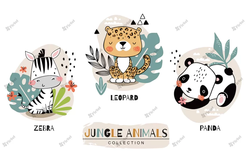 jungle baby animals collection zebra with leopard panda cartoon characters hand drawn icon set design illustration / مجموعه حیوانات جنگل با شخصیت های کارتونی پاندا پلنگ گورخر
