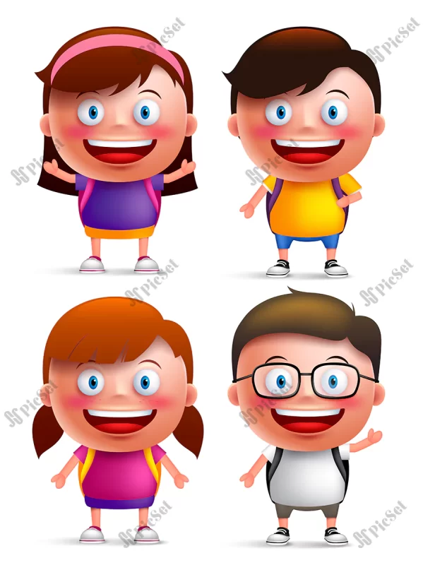 kids students vector characters set with happy faces hand gestures wearing backpacks / دانش‌آموزان کودک سه بعدی با چهره‌های شاد و کوله‌ پشتی