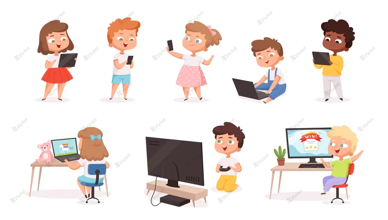 kids using gadgets tablet pc smartphone laptop children education processes future technology distance learning vector set illustration laptop computer child characters with technol / کودکان با تلفن هوشمند، لپتاپ