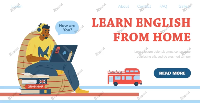 learning english home web banner with studying ma flat vector illustration / بنر وب آموزش انگلیسی با مطالعه در خانه