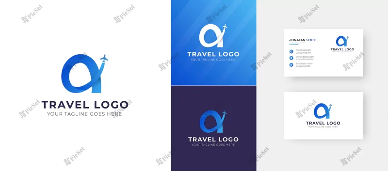 letter travel logo design business card premium vector template / کارت ویزیت با لوگو سفر هواپیما با حرف a