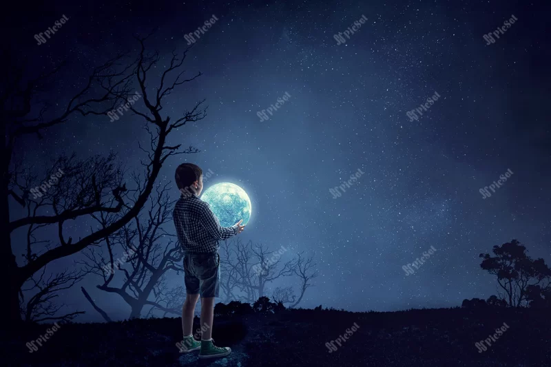 little boy holding moon night mixed media / پسر کوچکی که شب ماه را در دست گرفته است