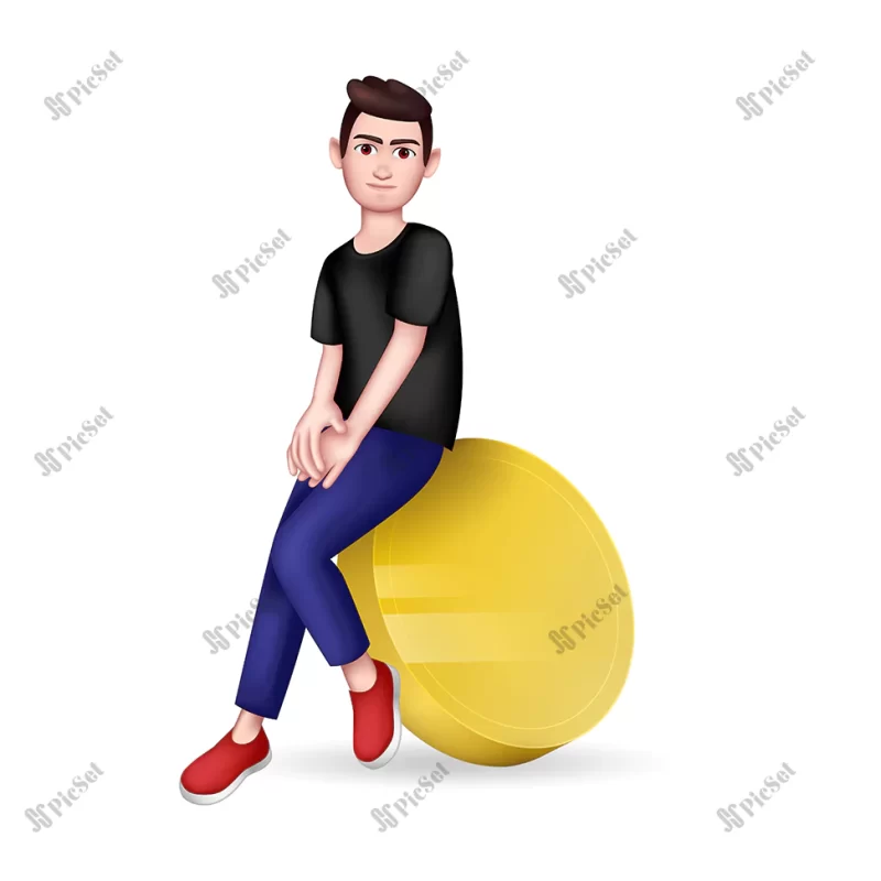 man sitting gold coin full length graphic character white background / مرد نشسته روی سکه طلا