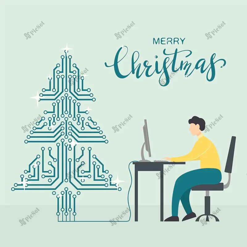 man with computer digital christmas tree / مردی با درخت کریسمس دیجیتالی کامپیوتری