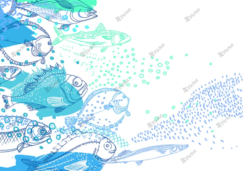 marine background nature sea fish doodle art illustration perch cod mackerel flounder saira / پس زمینه دریایی طبیعت ماهی