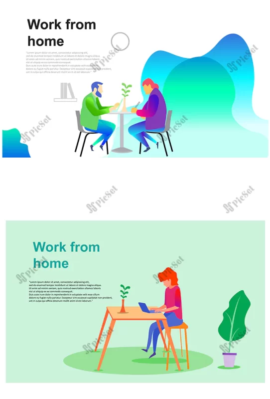 men woman working from home with laptop flat illustration / زن مردی که در خانه با لپ تاپ کار می کند