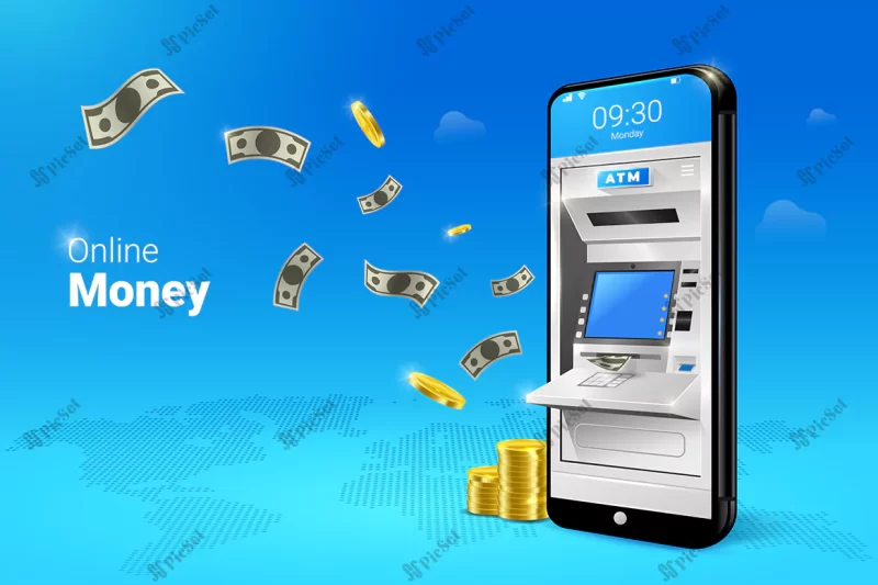 mobile atm money transfer withdrawal with falling moneys illustration / انتقال پول از طریق عابر بانک تلفن همراه