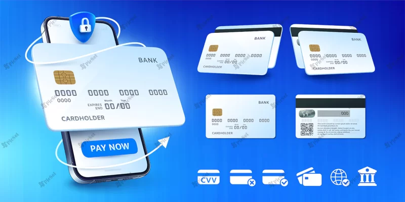 mobile banking app bank cards illustration set / کارت اعتباری بانک، برنامه بانکداری موبایل، تلفن همراه