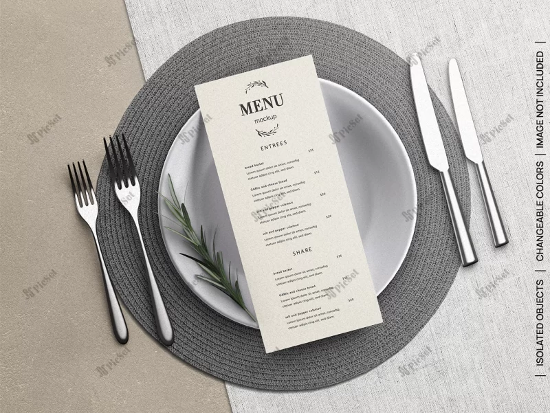mockup restaurant food menu flyer card concept with tableware / موکاپ منوی غذای رستوران با ظروف غذاخوری