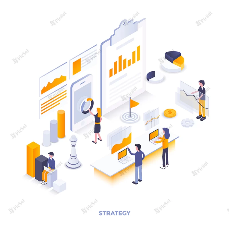 modern flat design isometric illustration strategy can be used website mobile website landing page easy edit customize vector illustration / استراتژی تصویرسازی ایزومتریک، صفحه فرود وب سایت، تلفن همراه و نمودار و آنالیز