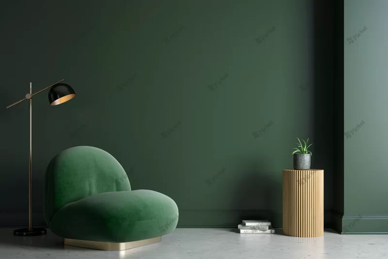 modern style conceptual interior room 3d illustration / صندلی مبل راحتی سبز سه بعدی در اتاق به سبک مدرن