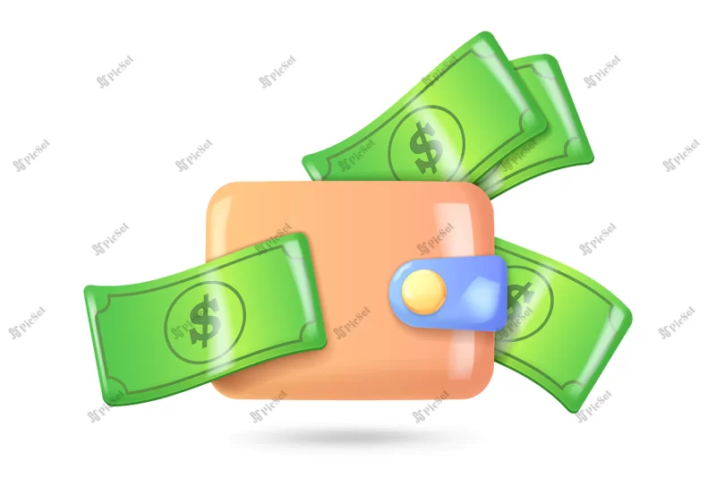 money wallet with green paper dollars realistic 3d design / کیف پول سه بعدی با دلار