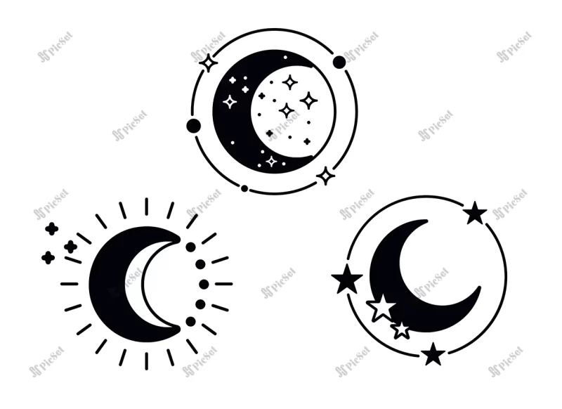 moon silhouettes with stars black crescent icons night space astronomy lunar eclipse vector illustration isolated white background / ماه با ستاره ها نمادهای نجوم ماه گرفتگی