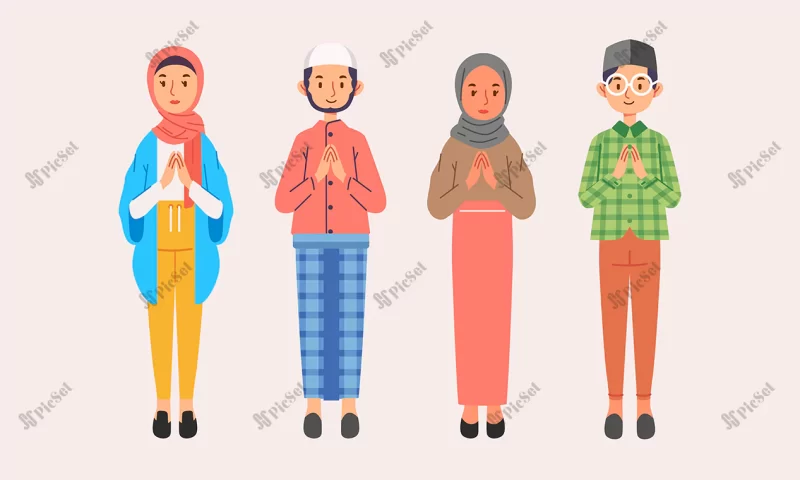 muslim young people group man dan woman apologizing character ramadan eid mubarak / گروه جوانان مسلمان مرد و زن با حجاب در ماه مبارک رمضان