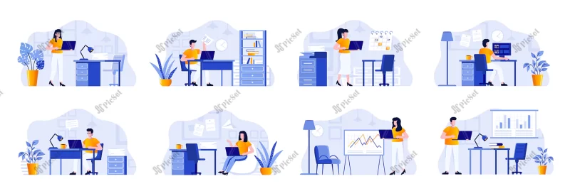 office management scenes bundle with people characters businesspersons working with computer workplace office situations tasks management work organization flat illustration / مدیریت دفتر، کار با لپتاپ در شرکت، نمودار بورس و سهام