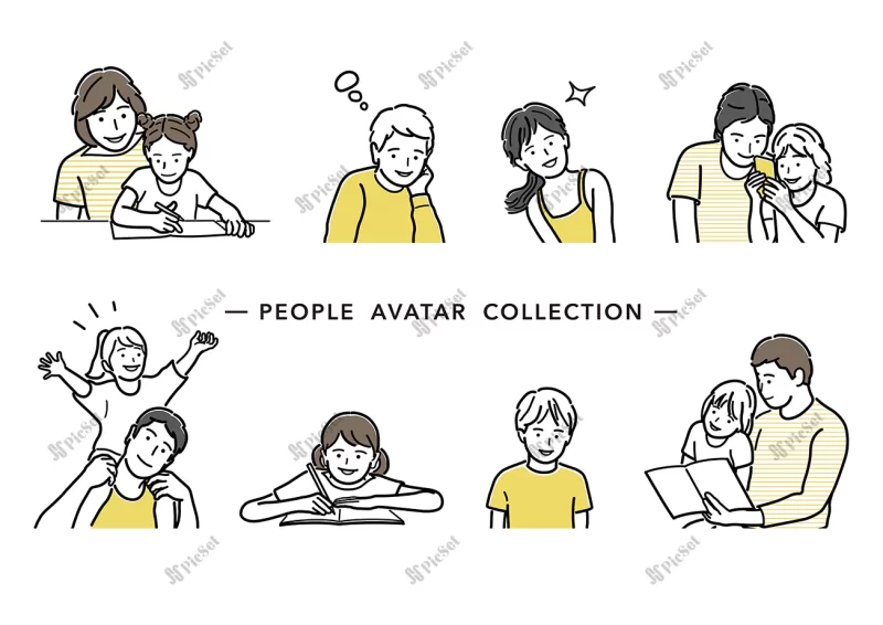 people avatar vector line drawing collection set parents children flat simple illustration / والدین و کودکان، پدر و دختر