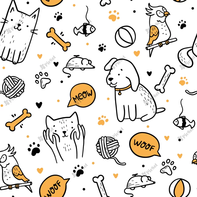 pets cats dogs seamless pattern doodle style / حیوانات خانگی گربه سگ موش طوطی ماهی