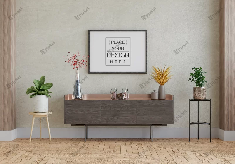 poster frame living room psd mockup_1150 52280 01 / موکاپ قاب عکس پوستر اتاق نشیمن، دکوراسیون داخلی