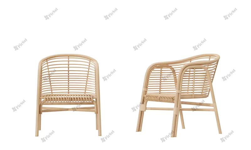rattan armchair isolated white background front side view trendy furniture wicker chair boho style 3d rendering / صندلی راحتی چوبی، صندلی حصیری به سبک بوهو سه بعدی