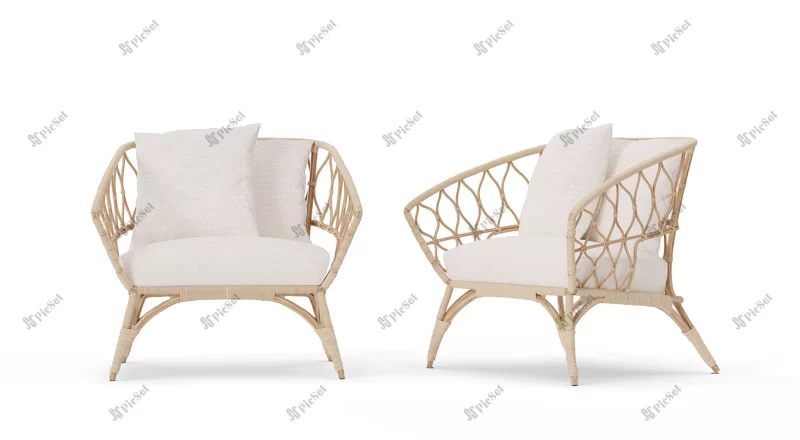 rattan armchair isolated white background front side view trendy furniture wicker chair boho style with shadows 3d rendering / صندلی راحتی چوبی، صندلی حصیری به سبک بوهو سه بعدی