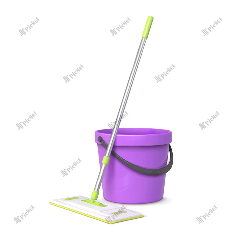realistic 3d rag mop plastic bucket floor cleaning equipment sponge broom pail house cleanup tools wet floor vector concept items household chores housekeeping / تمیز کردن کف، سطل سه بعدی پلاستیکی جارو اسفنجی