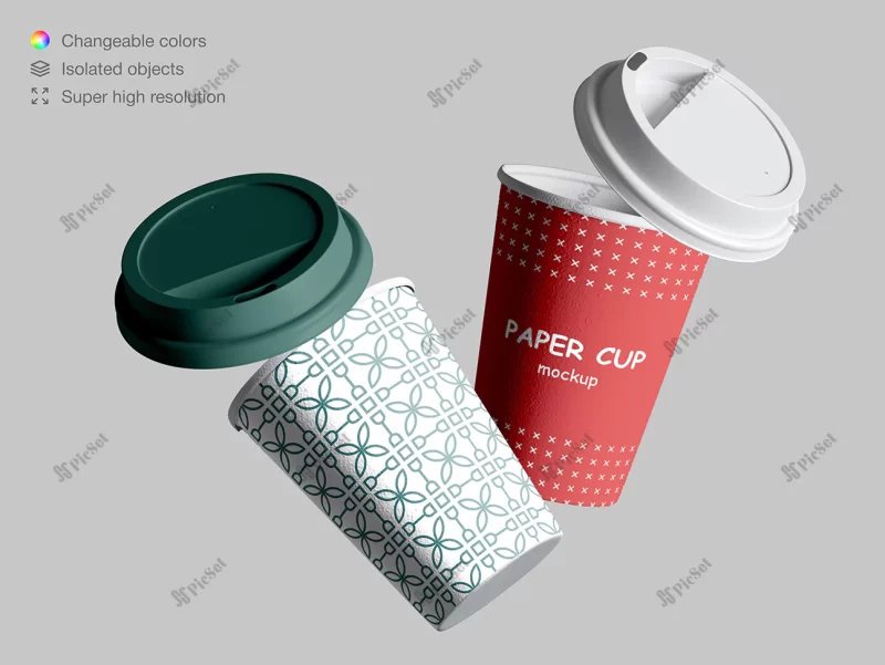 realistic floating coffee cups mockup with lids / موکاپ فنجان های قهوه کاغذی با درب