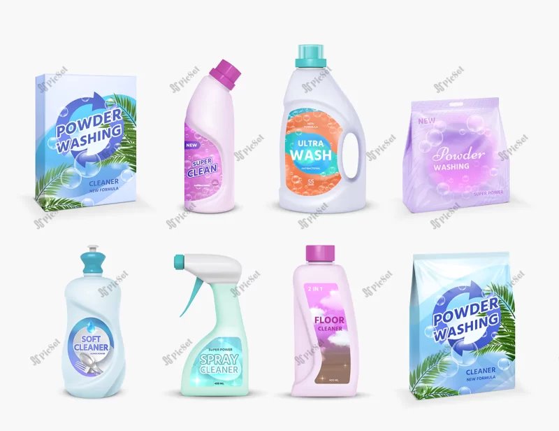 realistic household cleaning product package with label design templates detergent powder box bleach bottle disinfectant vector set / محصولات تمیز کننده خانگی، پودر مواد شوینده، ضد عفونی کننده بطری سفید کننده