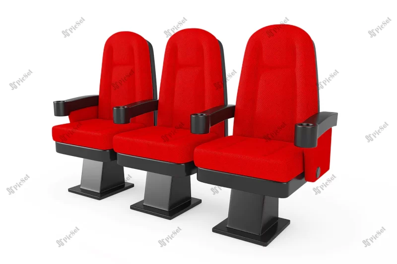 red cinema movie theater comfortable chairs white background 3d rendering / صندلی سینما قرمز راحتی پس زمینه سفید سه بعدی
