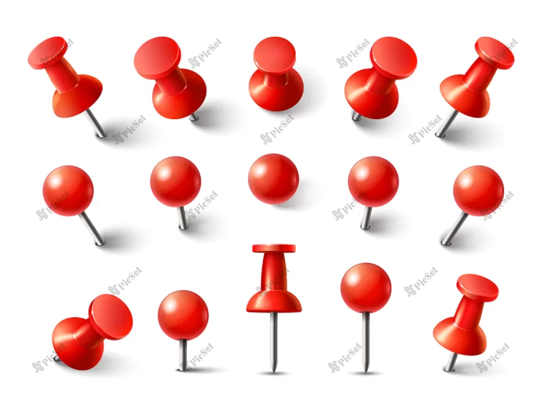 red pushpin top view thumbtack note attach collection realistic 3d push pins pinned different angles isolated / پین سه بعدی و لوکیشن قرمز