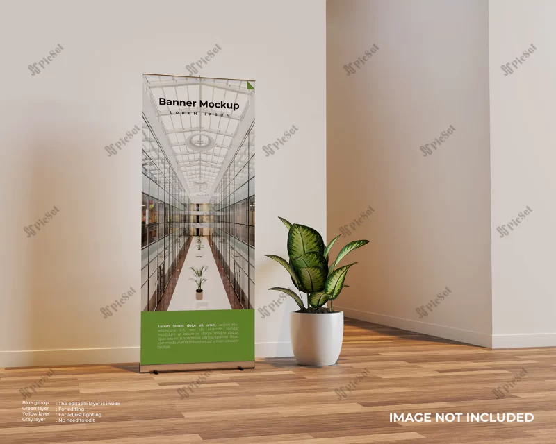 roll up banner mockup interior scene with plant beside it / موکاپ بنر رول آپ استندی