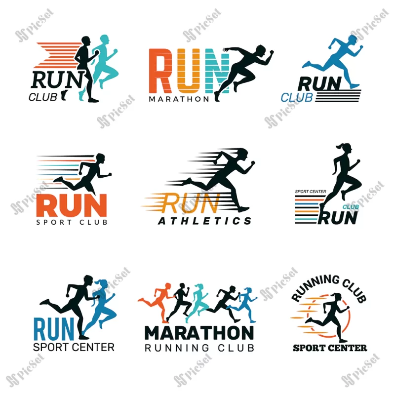 running logo marathon club badges sport symbols shoe legs jumping running people vector collection sport speed fitness runner distance club run illustration / لوگو دویدن، باشگاه ماراتن، نمادهای ورزشی، سرعت تناسب اندام، دونده