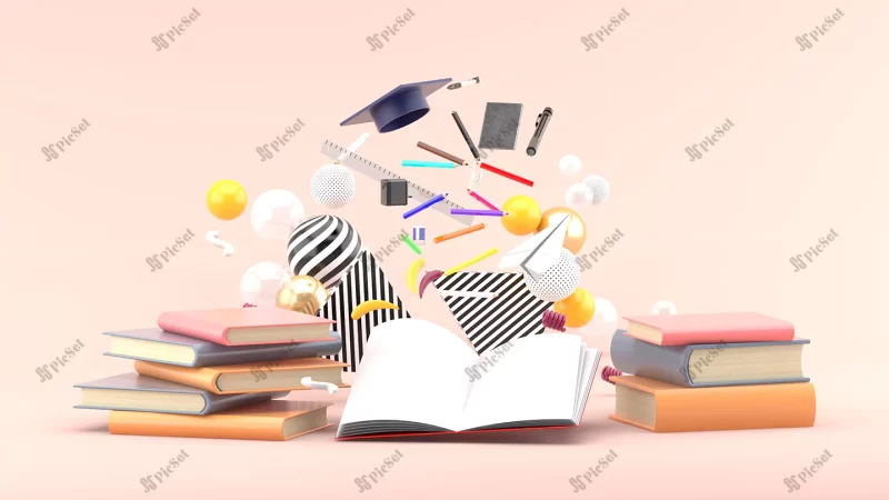 school supplies floating out book amidst colorful balls soft pink 3d render  / کتاب وسایل مدرسه و توپ های رنگارنگ سه بعدی