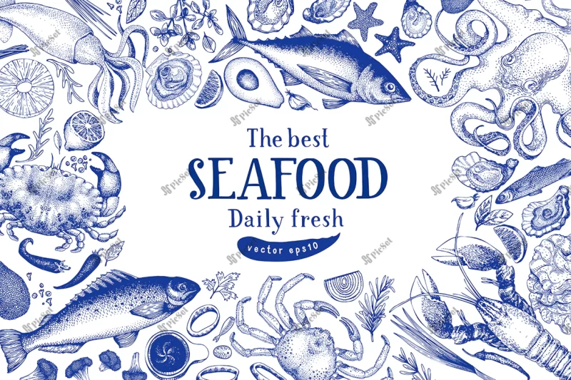 seafood vector frame template hand drawn illustration / غذاهای دریایی و ماهی