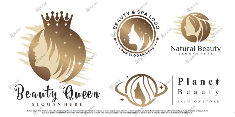set beauty queen logo design with woman face illustration salon premium vector / لوگو ملکه زیبایی، سالن آرایشگاه، چهره زن