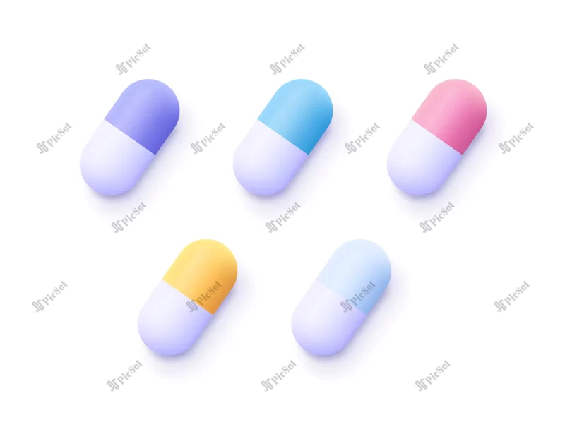 set color medical pills 3d vector icon cartoon minimal style medical capsule drugs healthcare medicine concept / مجموعه دارو قرص های سه بعدی پزشکی رنگی، کپسول پزشکی