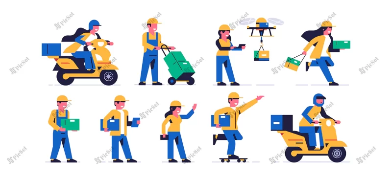 set couriers delivery parcels delivery orders men women courier uniform woman motorcycle drone boxes parcel skateboard happy people work flat vector illustration / پیک تحویل بسته، سفارشات مردانه، پیک زنان، جعبه پهپاد، موتور سیکلت، بسته اسکیت، کارگران و کارمندان شاد