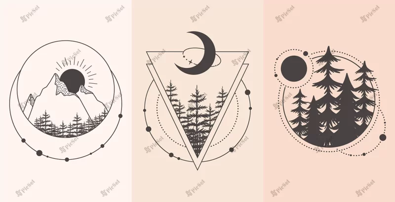 set mountain forest landscape tattoo style illustration / مجموعه تصویری منظره ماه و جنگل کوهستانی