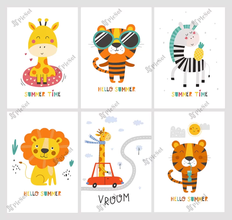 set summer card with cute animals vector illustrations / مجموعه کارت تابستانی با تصاویر حیوانات، زرافه، شیر، پلنگ، گورخر