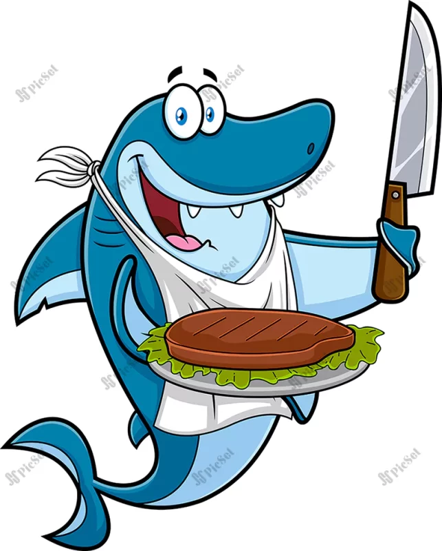 shark chef cartoon character showing grilled steak plate vector hand drawn illustration / شخصیت کارتونی سرآشپز کوسه با بشقاب استیک کباب