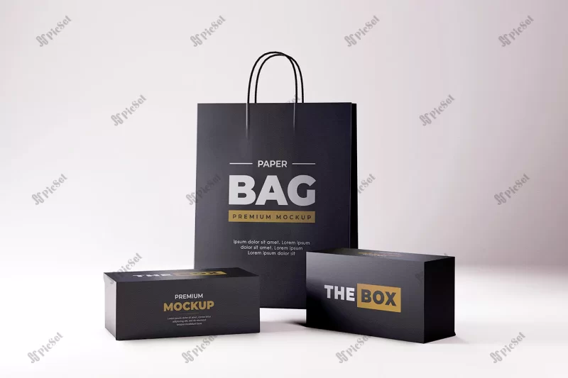 shoes box shopping bag mockup realistic black / موکاپ جعبه کفش و کیسه خرید ساک دستی هدیه