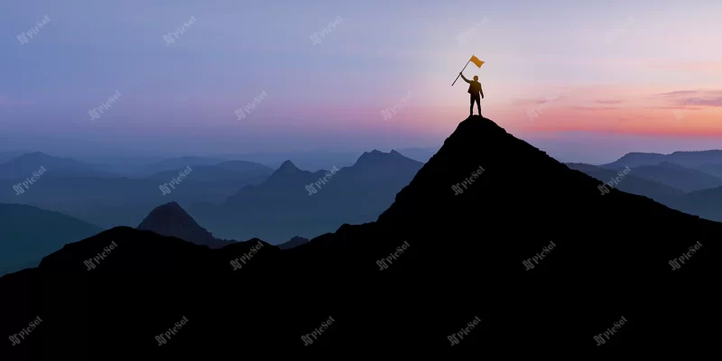 silhouette businessman standing mountain top sunset twilight background with flag winner success leadership concept / مرد ایستاده در بالای کوه پس زمینه غروب آفتاب با مفهوم رهبری موفقیت برنده با پرچم