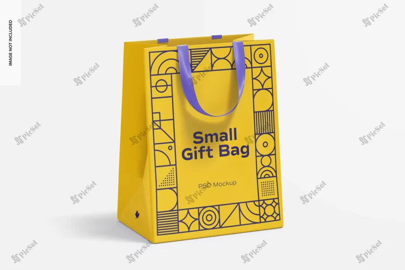 small gift bag with ribbon handle mockup front view / موکاپ ساک هدیه با روبان دسته