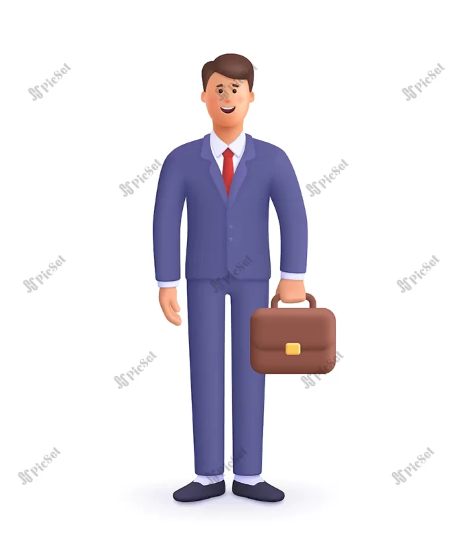 smiling businessman suit holding briefcase leader success management concept 3d vector people character illustration cartoon minimal style / مرد تاجر خندان با کیف مدیریت موفقیت سه بعدی