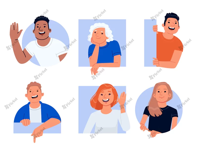 smiling cheerful curious people set characters happy men women peeping greeting vector illustration flat style / افراد کنجکاو، شاد خندان، خوش‌آمدگویی زن و مرد