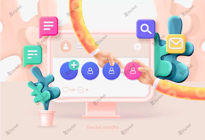 social media template computer smartphone with social media user interface communication people using social networks vector illustration with computer phone icons 3d style / قالب رسانه های اجتماعی، ارتباط افراد با کامپیوتر سه بعدی