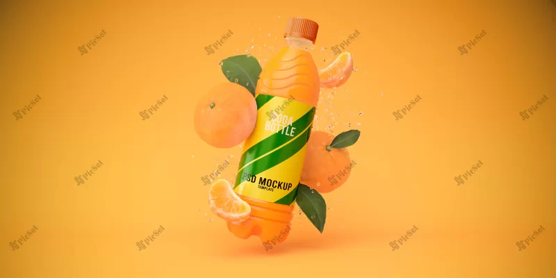 soda bottle mockup tangerine orange background 3d render / موکاپ بطری نوشابه آبمیوه پس زمینه نارنجی و نارنگی و پرتغال
