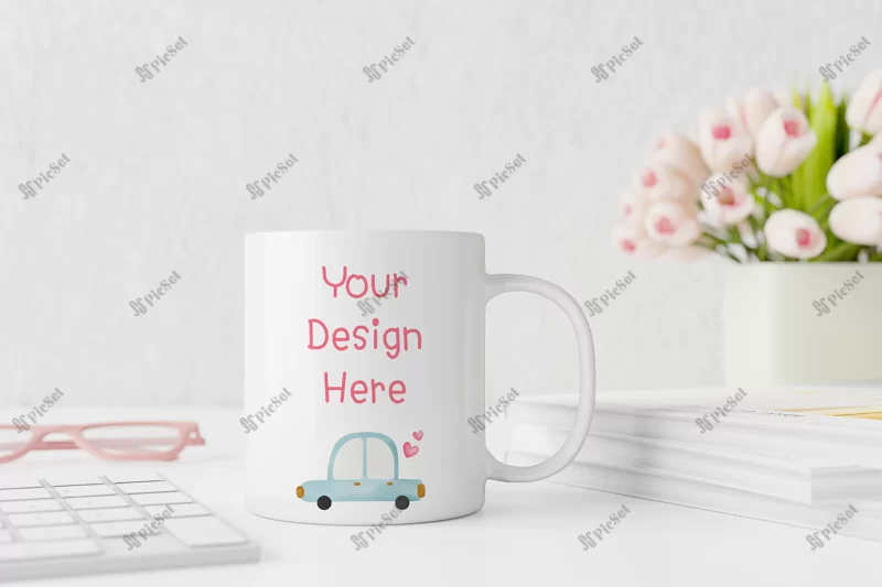 spring white mug mockup table with tulips / موکاپ لیوان سفید بهاری با گل لاله، فنجان چای و قهوه