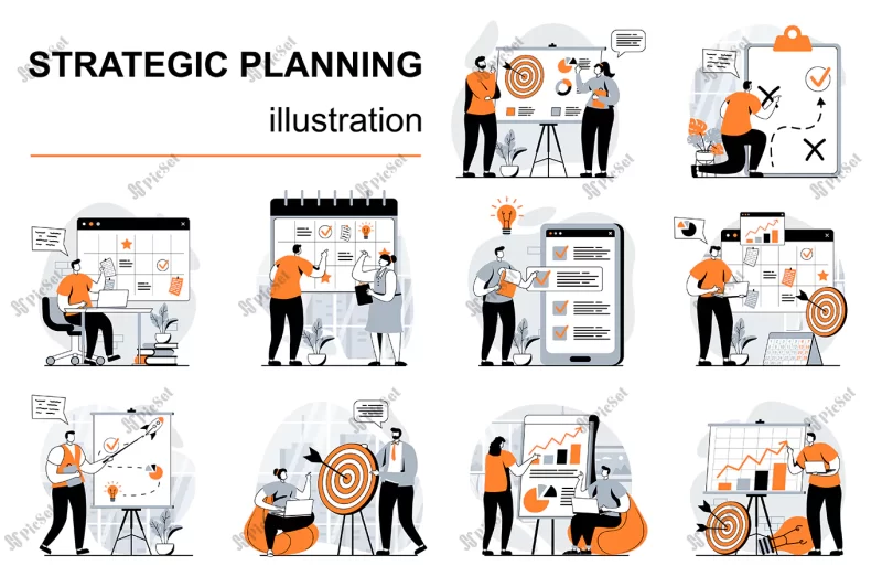 strategic planning concept with people scenes set flat design vector illustration visual stories / مفهوم برنامه ریزی استراتژیک، تصویر داستان های بصری، هدف، پلن، نمودار و تقویم